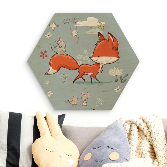 Wooden hexagon - Fox And Mouse On The Move