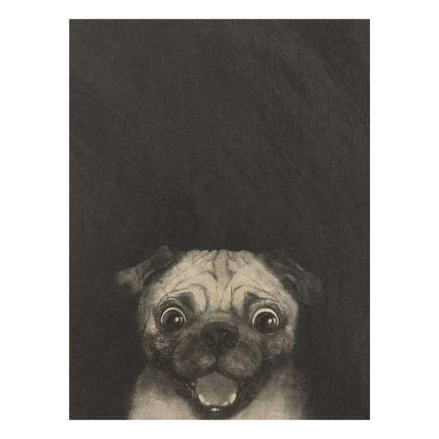 Print on wood - Illustration Dog Pug Painting On Black And White