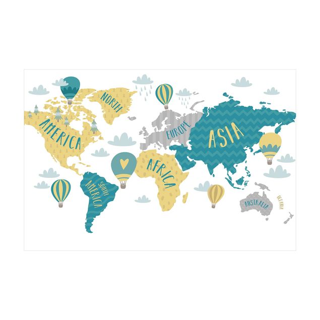 teal area rug World Map with Hot-Air Balloon