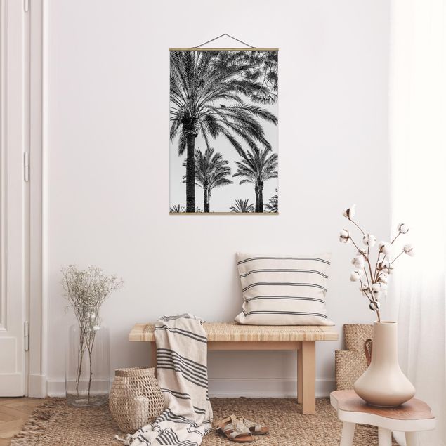 Fabric print with poster hangers - Palm Trees At Sunset Black And White