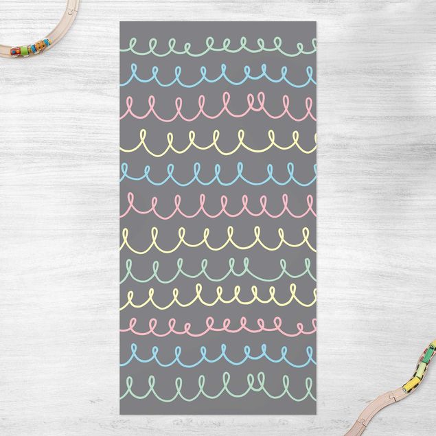 Balcony rugs Drawn Pastel Coloured Squiggly Lines On Grey Backdrop