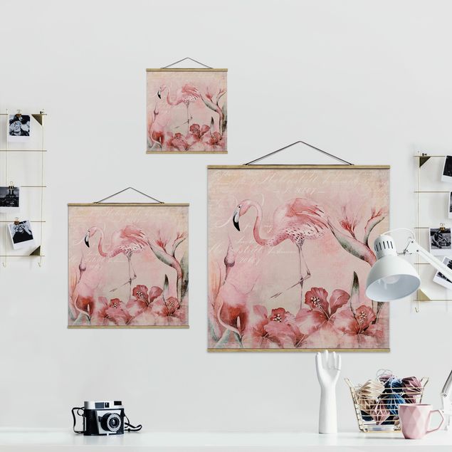 Fabric print with poster hangers - Shabby Chic Collage - Flamingo