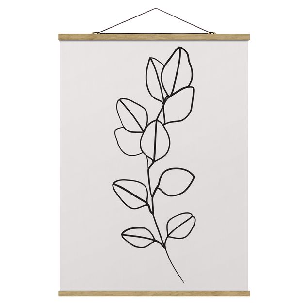 Fabric print with poster hangers - Line Art Branch Leaves Black And White