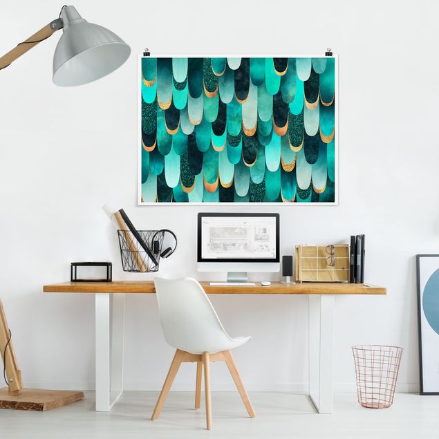 Poster - Feathers Gold Turquoise