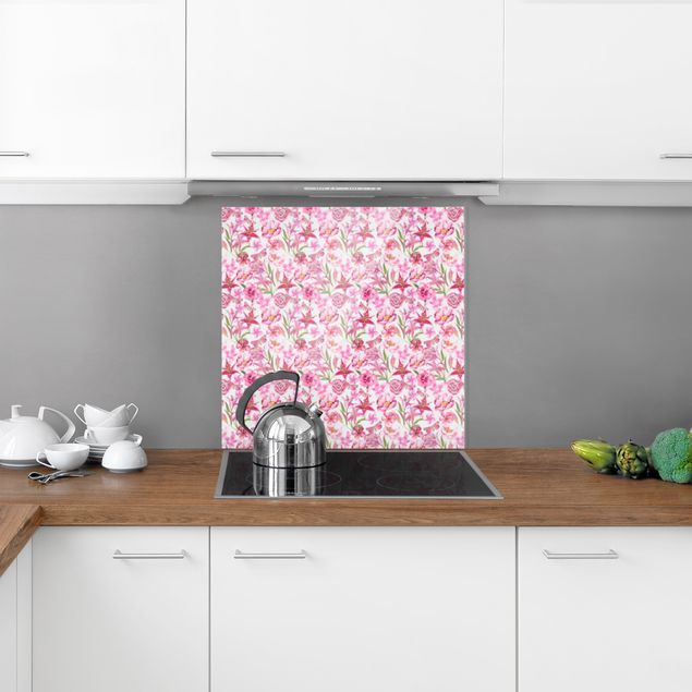 Glass splashback kitchen flower Pink Flowers With Butterflies