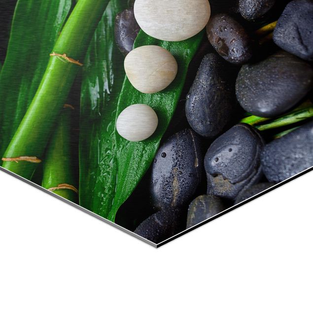 Alu-Dibond hexagon - Green Bamboo With Zen Stones