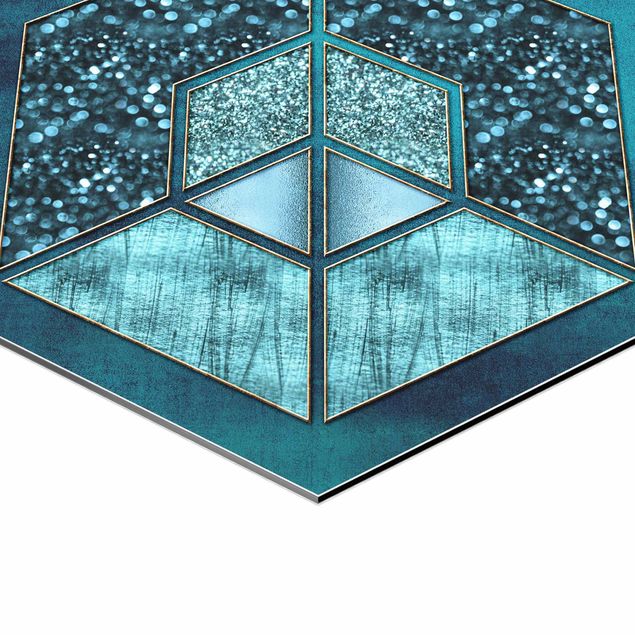 Alu-Dibond hexagon - Blue Hexagon With Golden Contour