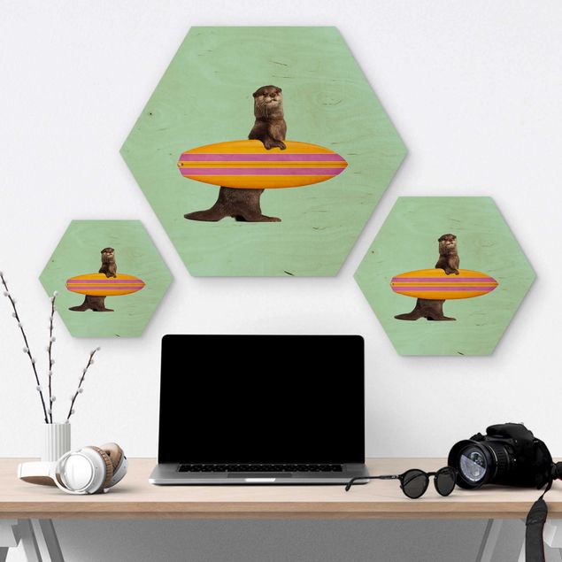 Wooden hexagon - Otter With Surfboard