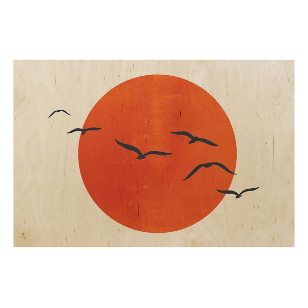 Print on wood - Flock Of Birds In Front Of Red Sun I