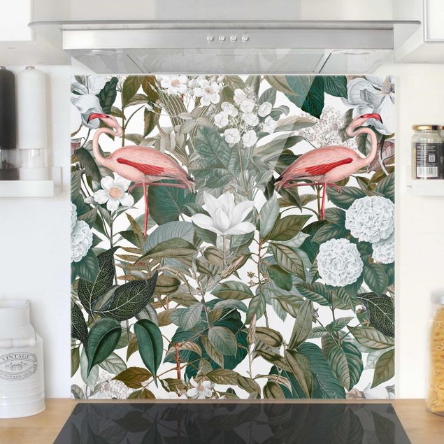 Patterned glass splashbacks Pink Flamingos With Leaves And White Flowers