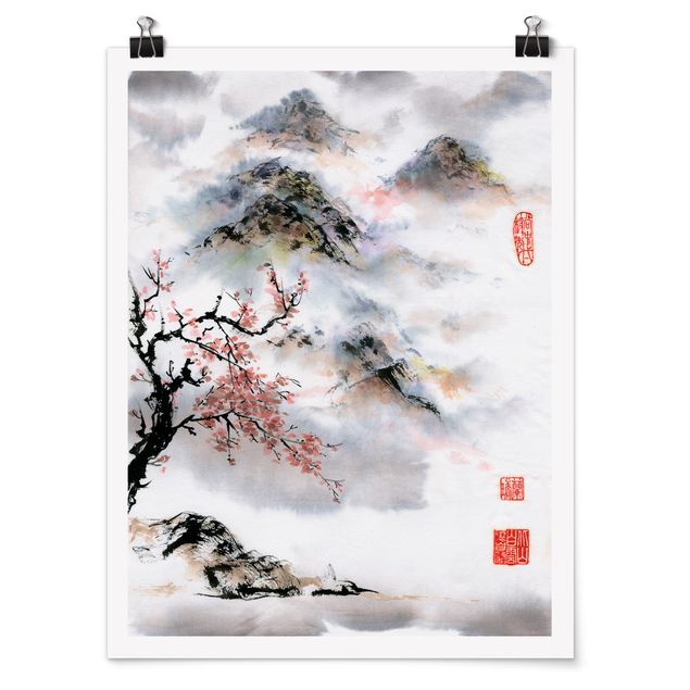 Poster - Japanese Watercolour Drawing Cherry Tree And Mountains