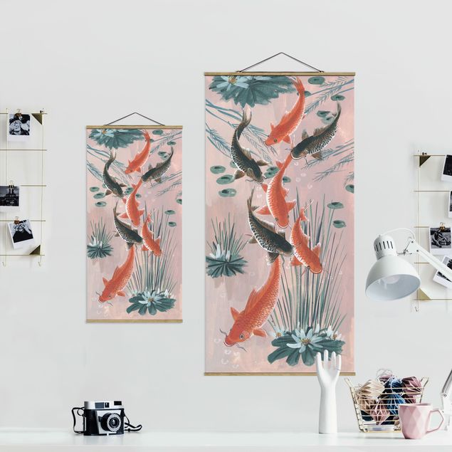 Fabric print with poster hangers - Asian Art Kois In The Pond I