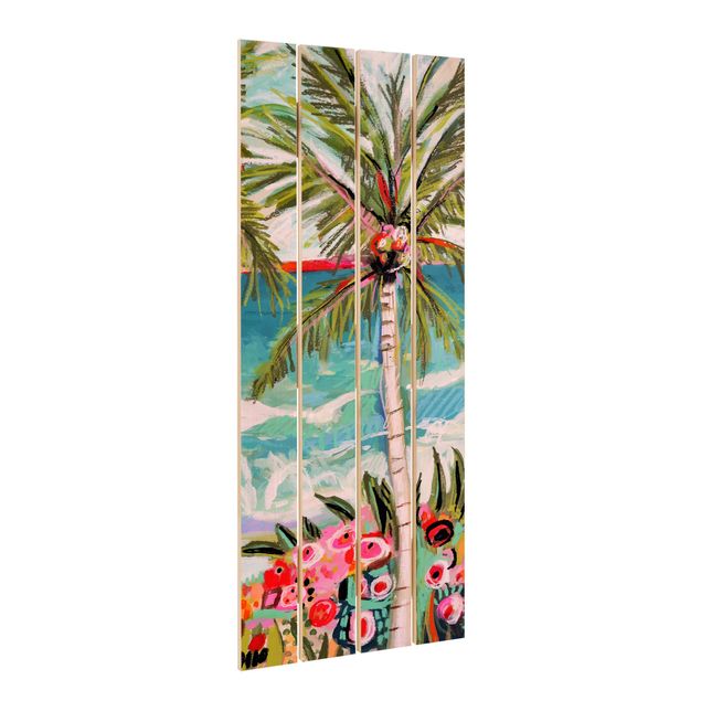 Print on wood - Palm Tree With Pink Flowers II