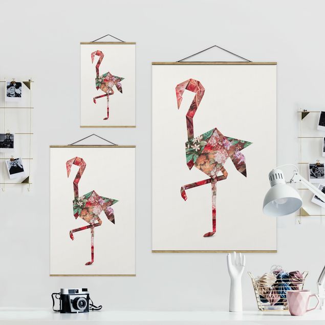 Fabric print with poster hangers - Origami Flamingo