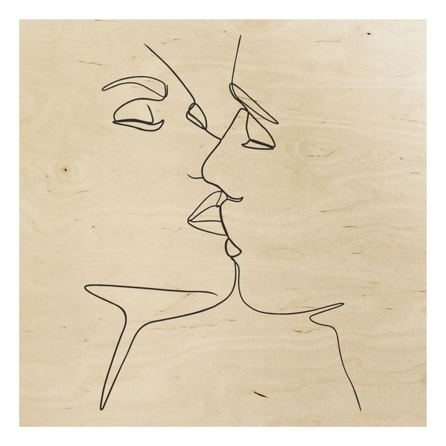 Print on wood - Line Art Kiss Faces Black And White