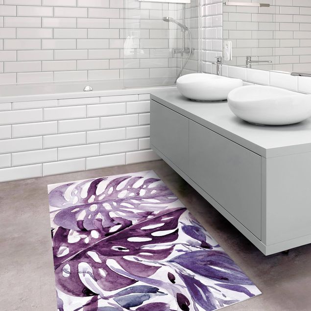 Runner rugs Watercolour Tropical Leaves With Monstera In Aubergine