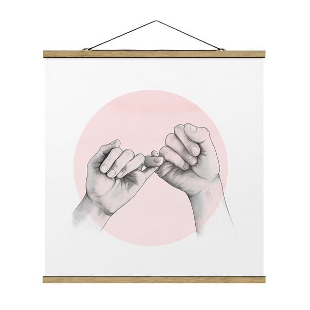 Fabric print with poster hangers - Illustration Hands Friendship Circle Pink White