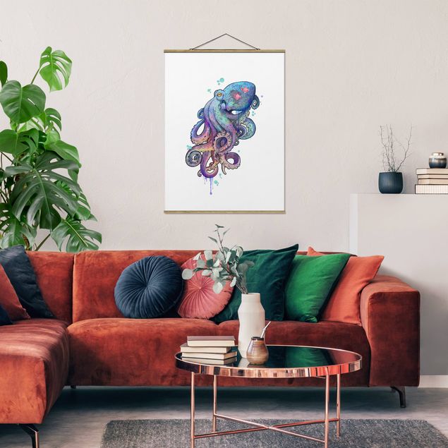 Fabric print with poster hangers - Illustration Octopus Violet Turquoise Painting