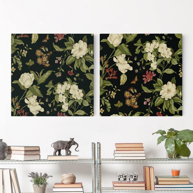 Print on canvas - Garden Flowers On Black Set I
