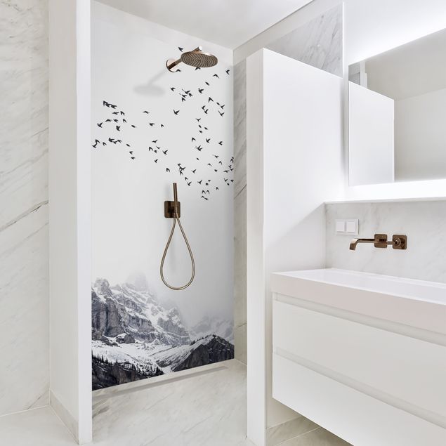 Shower wall cladding - Flock Of Birds In Front Of Mountains Black And White