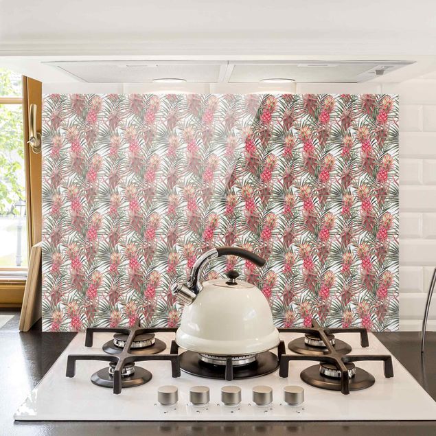 Glass splashback patterns Red Pineapple With Palm Leaves Tropical