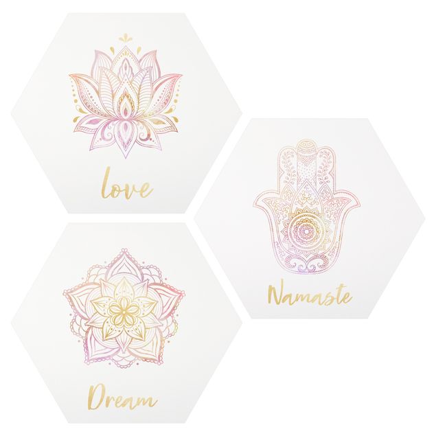 Alu-Dibond hexagon - Mandala Namaste Lotus Set Gold Light Pink