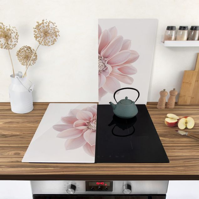 Glass stove top cover - Dahlia Flower Pastel White Pink