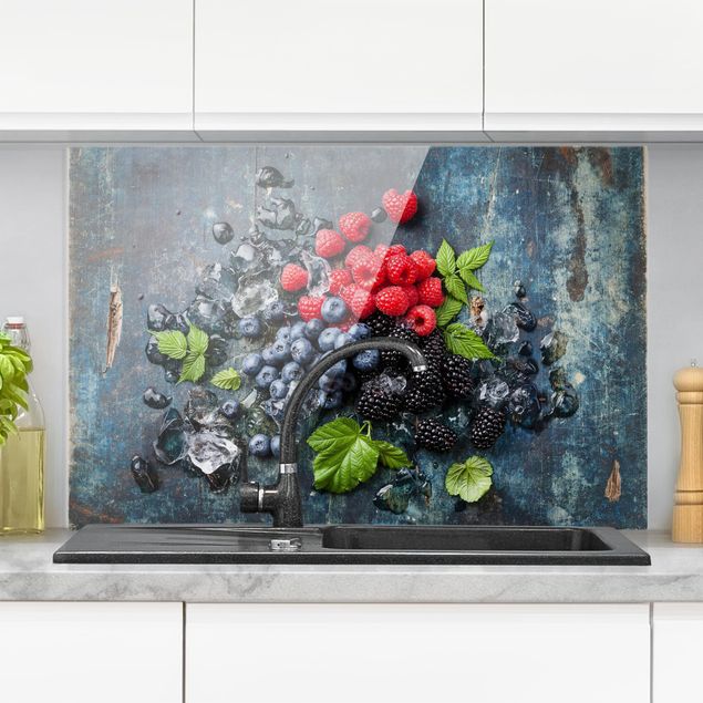 Glass splashback kitchen fruits and vegetables Berry Mix With Ice Cubes Wood