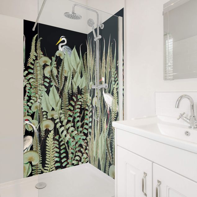 Shower wall cladding - Flamingo And Stork With Plants On Green