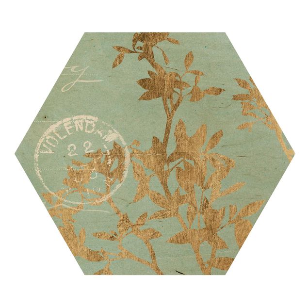 Wooden hexagon - Golden Leaves On Turquoise II