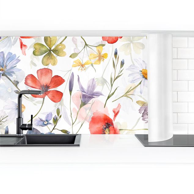 Kitchen wall cladding - Watercolour Poppy With Cloverleaf