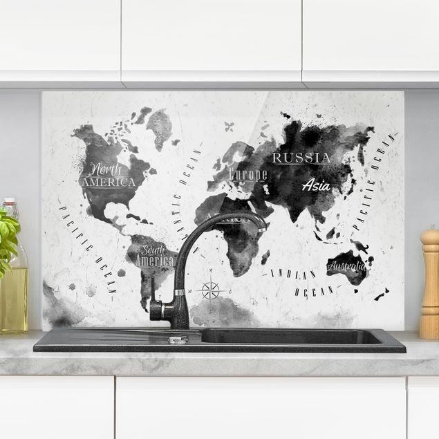 Glass splashback kitchen World Map Watercolour Black