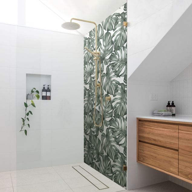 Shower wall cladding - Watercolour Monstera Leaves In Green