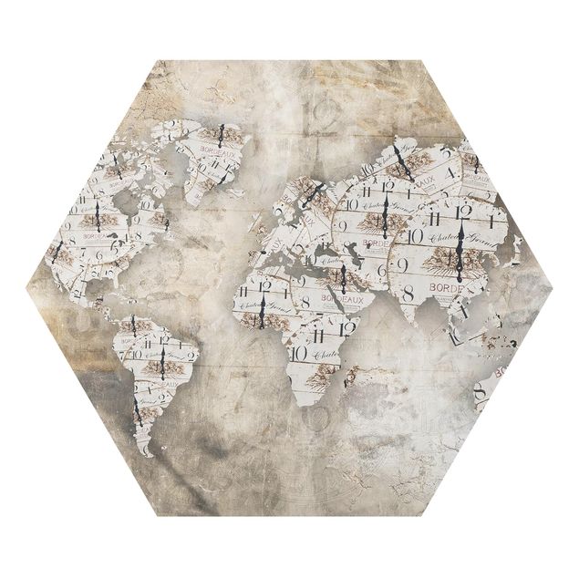 Alu-Dibond hexagon - Shabby Clocks World Map