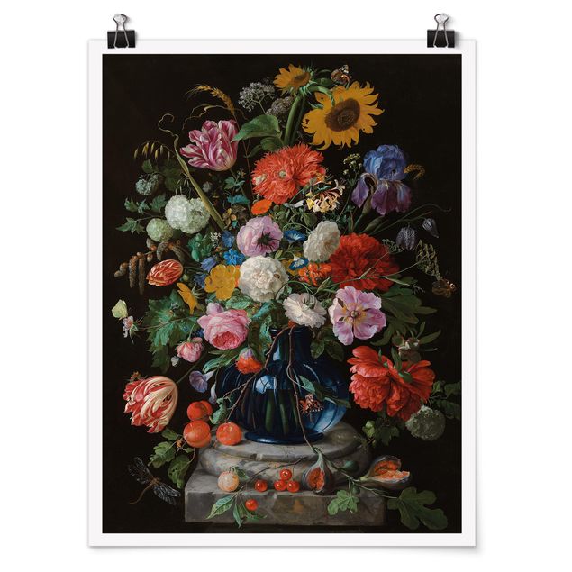 Poster art print - Jan Davidsz de Heem - Tulips, a Sunflower, an Iris and other Flowers in a Glass Vase on the Marble Base of a Column