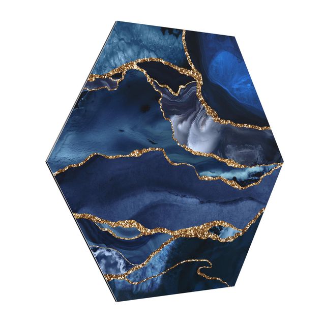 Alu-Dibond hexagon - Golden Glitter Waves Blue Backdrop
