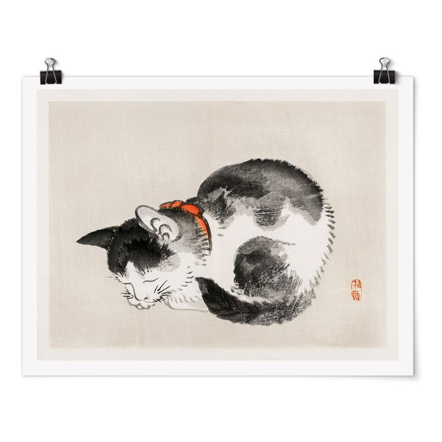 Poster - Asian Vintage Drawing Sleeping Cat