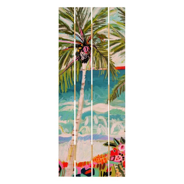 Print on wood - Palm Tree With Pink Flowers I