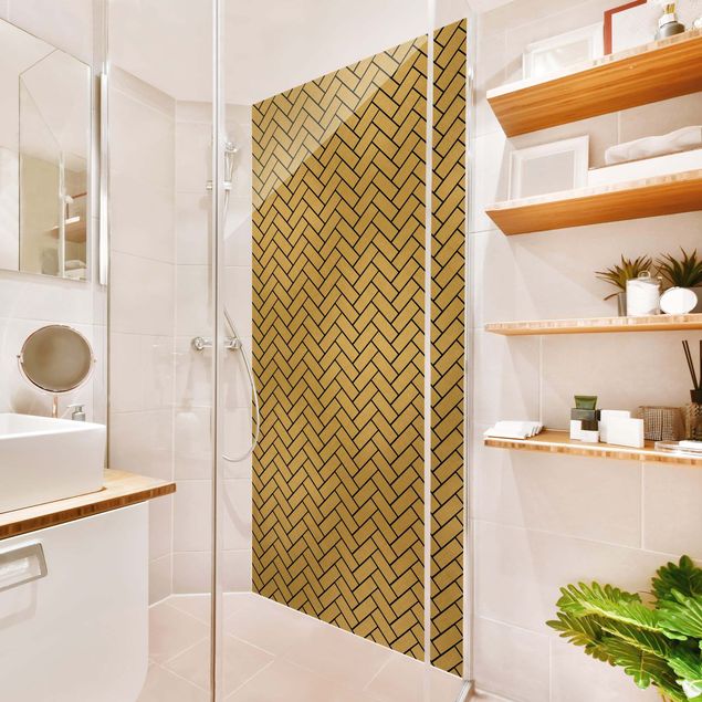 Shower wall cladding - Fish Bone Tiles - Golden Look Black Joints