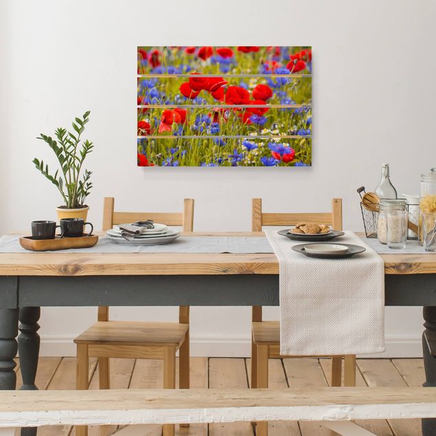 Print on wood - Summer Meadow With Poppies And Cornflowers