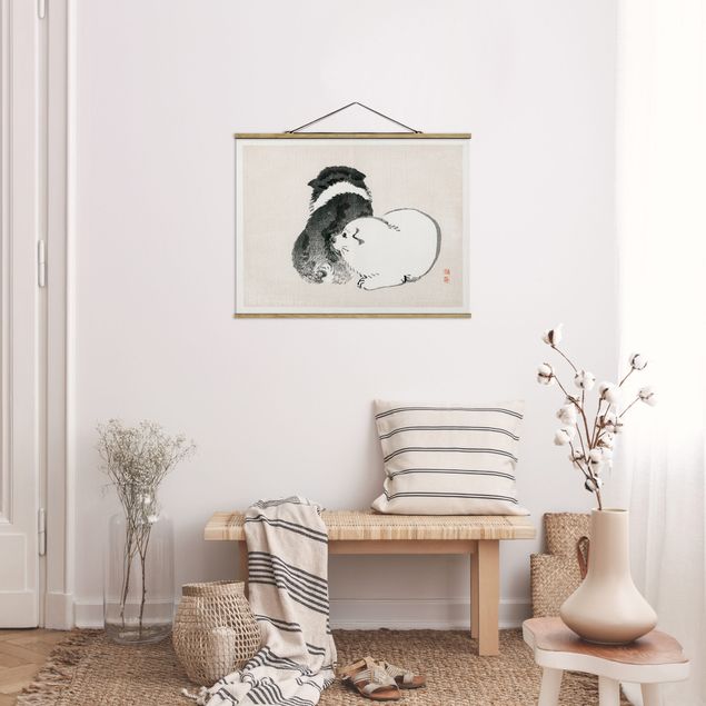 Fabric print with poster hangers - Asian Vintage Drawing Black And White Pooch