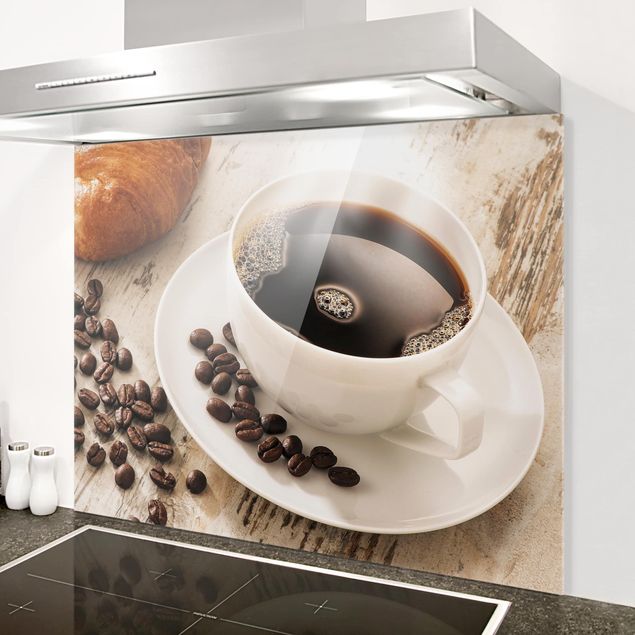 Glass splashback baking and coffee Steaming Coffee Cup With Coffee Beans