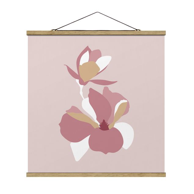 Fabric print with poster hangers - Line Art Flowers Pastel Pink