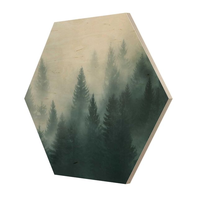 Wooden hexagon - Coniferous Forest In Fog
