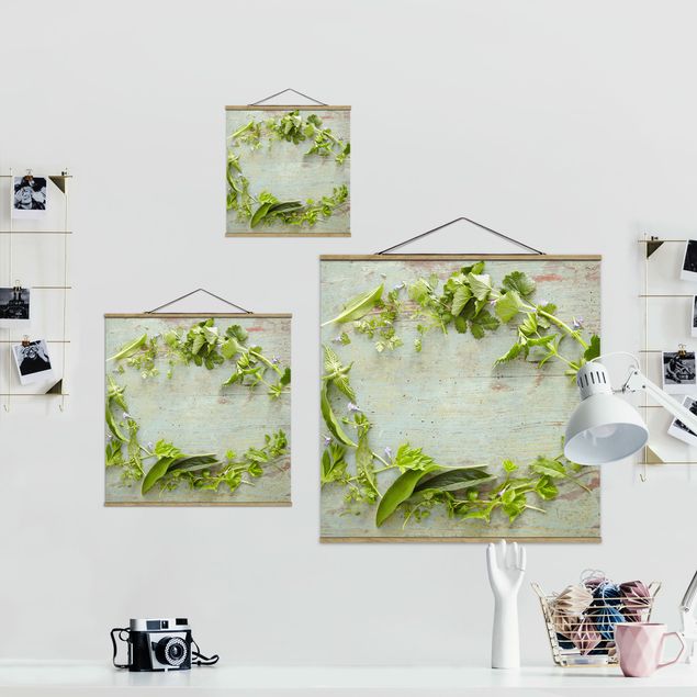 Fabric print with poster hangers - Wild Herbs On Wood