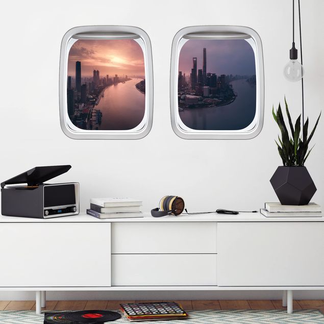 Wall stickers city ​​names Aircraft Window Sunrise In Shanghai