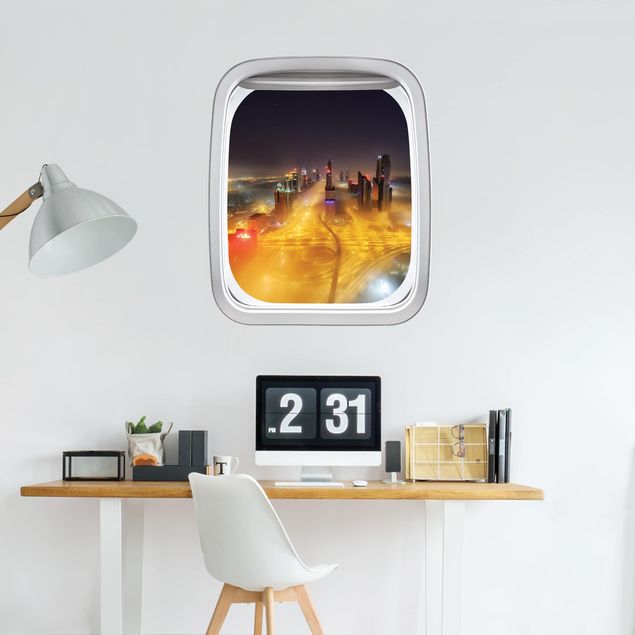Wall stickers city ​​names Aircraft Window Dubai At Night In The Fog