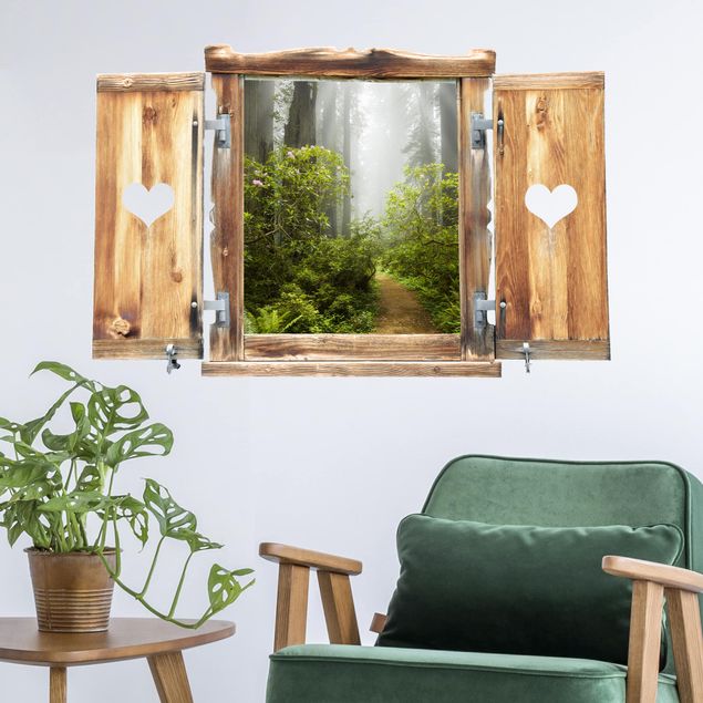 Wall decal forest Misty Window With Heart Forest Path