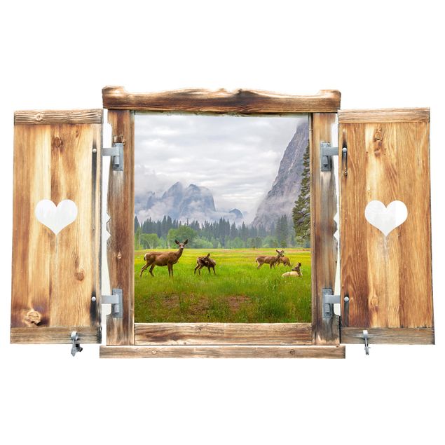 Wall stickers Window With Heart Deer In The Mountains