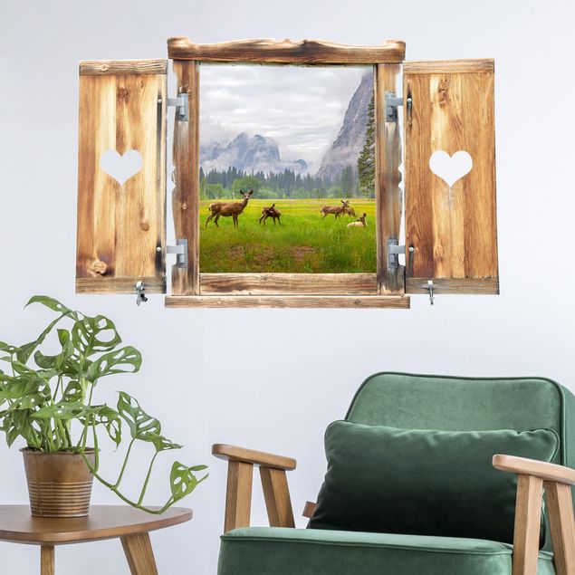 Wall stickers 3d Window With Heart Deer In The Mountains